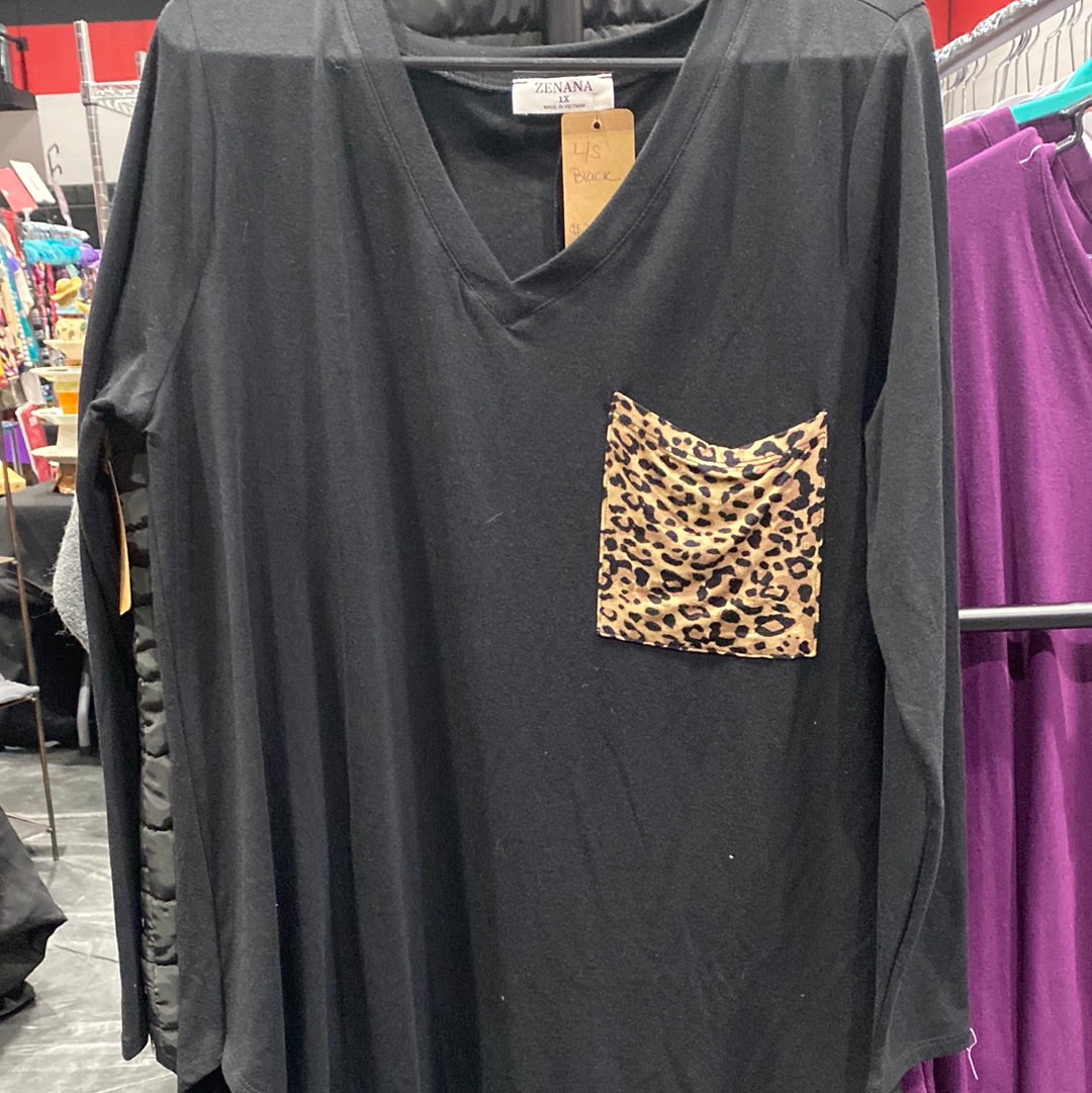 V-Neck Blouse with Leooard Pocket
