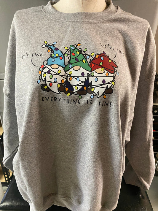 It’s Fine, We’re Fine, Everything’s Fine Gnomes in Tangled Lights Crewneck