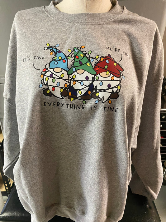 It’s Fine, We’re Fine, Everything’s Fine Gnomes in Tangled Lights Crewneck